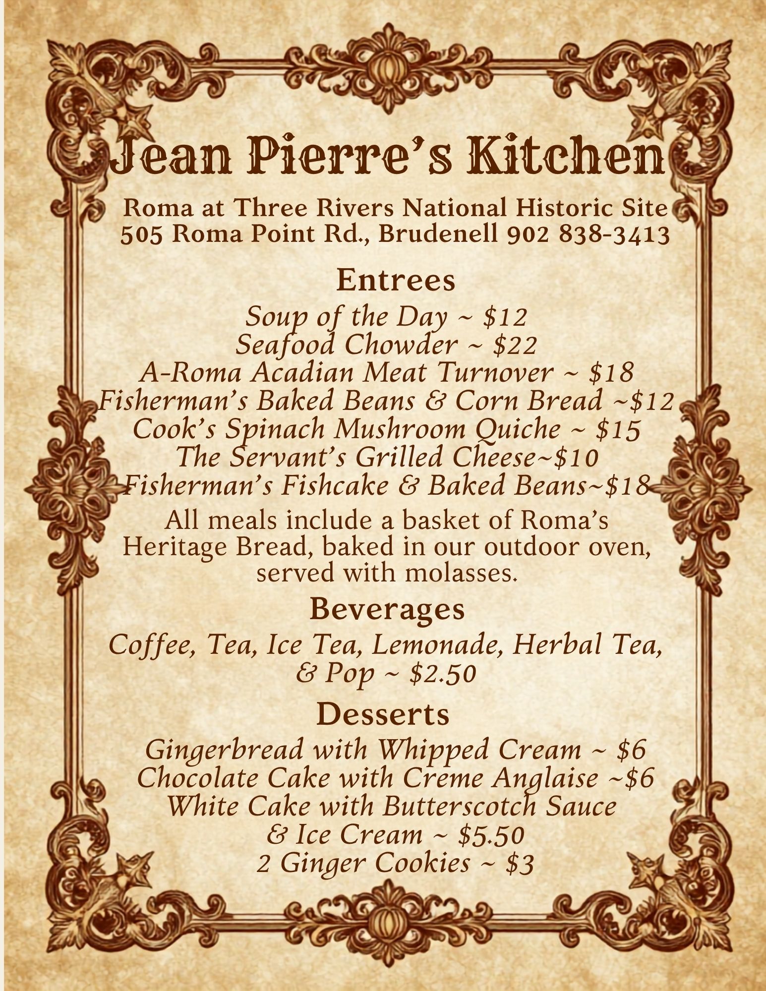 Jean Pierre’s Kitchen menu at Roma at Three Rivers National Historic Site