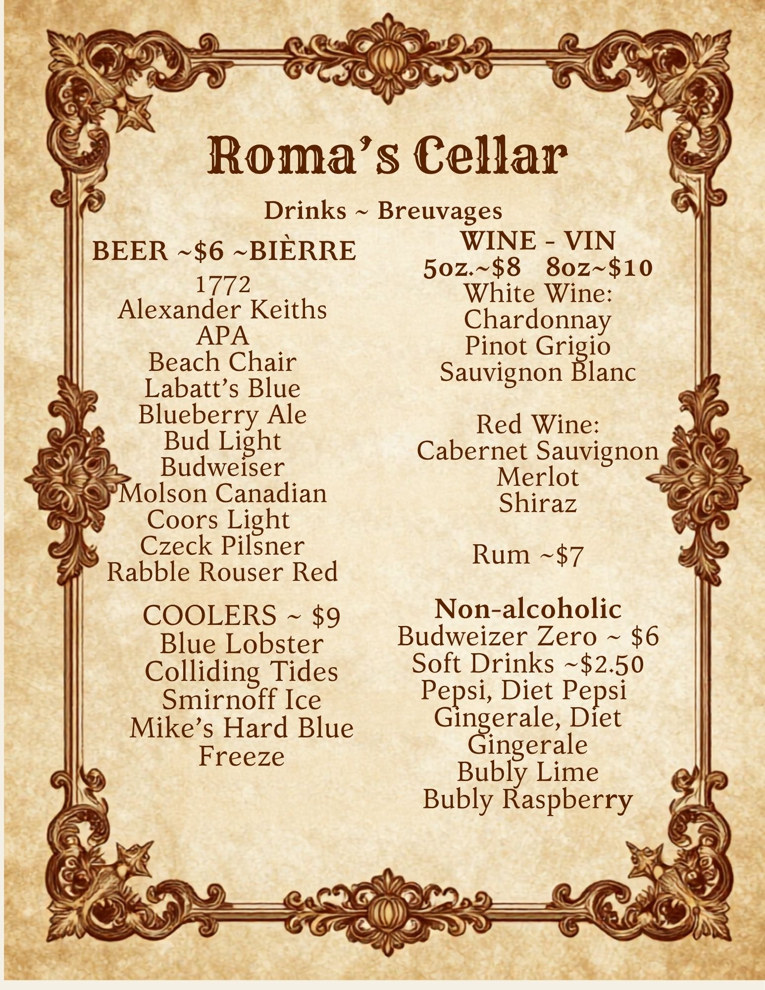Roma's Cellar drinks Revised